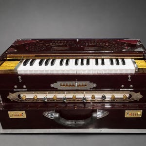 Könnte beinhalten: Ein dunkel mahagonifarbenes Harmonium mit einer schwarz-weißen Tastatur, einer Reihe messingfarbener Metallregisterzüge und dekorativen Schnitzereien auf der Oberseite. Es verfügt über einen schwarzen Tragegriff und metallische Eckbeschläge.