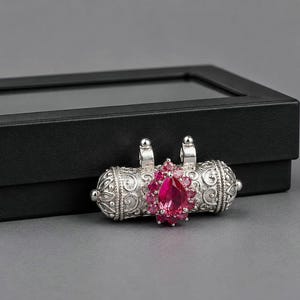 Sterling Silver Narsimha Kavach Pendant, Pink Gemstone, ISKCON Devotional Locket