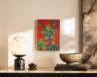 Dipinto ad olio originale di orchidea / Arte floreale Pop Art su tela (30 x 21 cm)