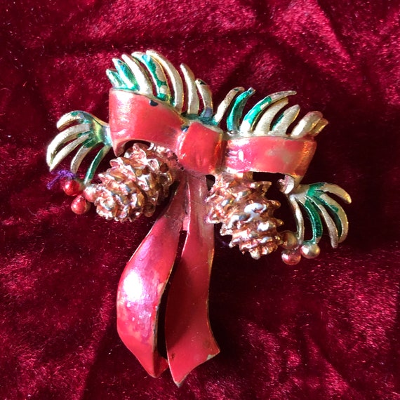Snow Covered Pine Cone Brooch - Christmas Ribbon … - image 1