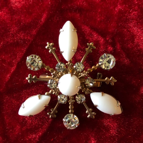 Vintage Snowflake Brooch - Mid-Century Atomic Age Christmas Pin  - Milk Glass Rhinestone Brooch