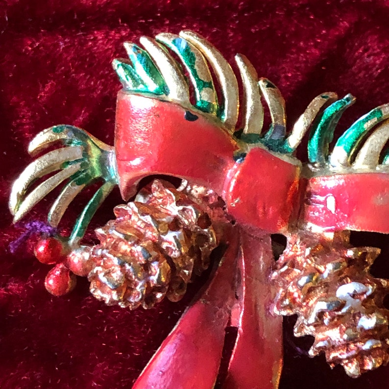 Christmas Ribbon Pin Snow Covered Pine Cone Brooch Pine Branch Brooch