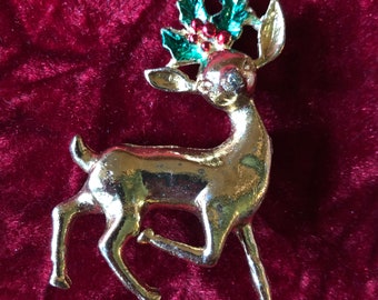 Large Vintage Gold-Tone Reindeer Brooch -  Reindeer Christmas Pin - Statement Piece