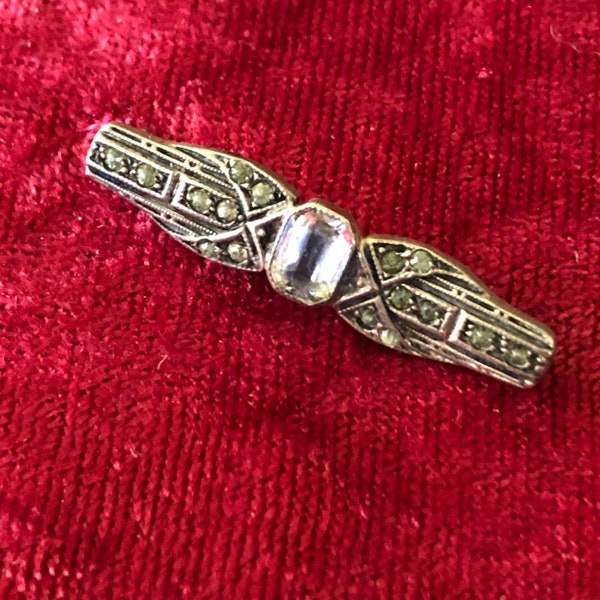 Art Deco Brooch - Marcasite and Paste Stone - Sterling Silver