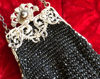 Antique Black Beaded Evening Bag - German Silver Art Deco Filigree Handbag