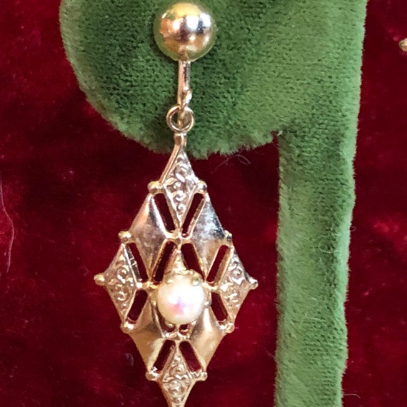 Mid  Century Modern Diamond Pattern Pearl Earring… - image 2