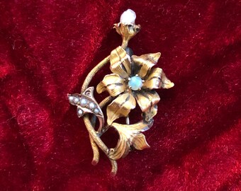 Edwardian 18k Gold Brooch with Opal, Seed Pearls, and Freshwater Pearl Accents