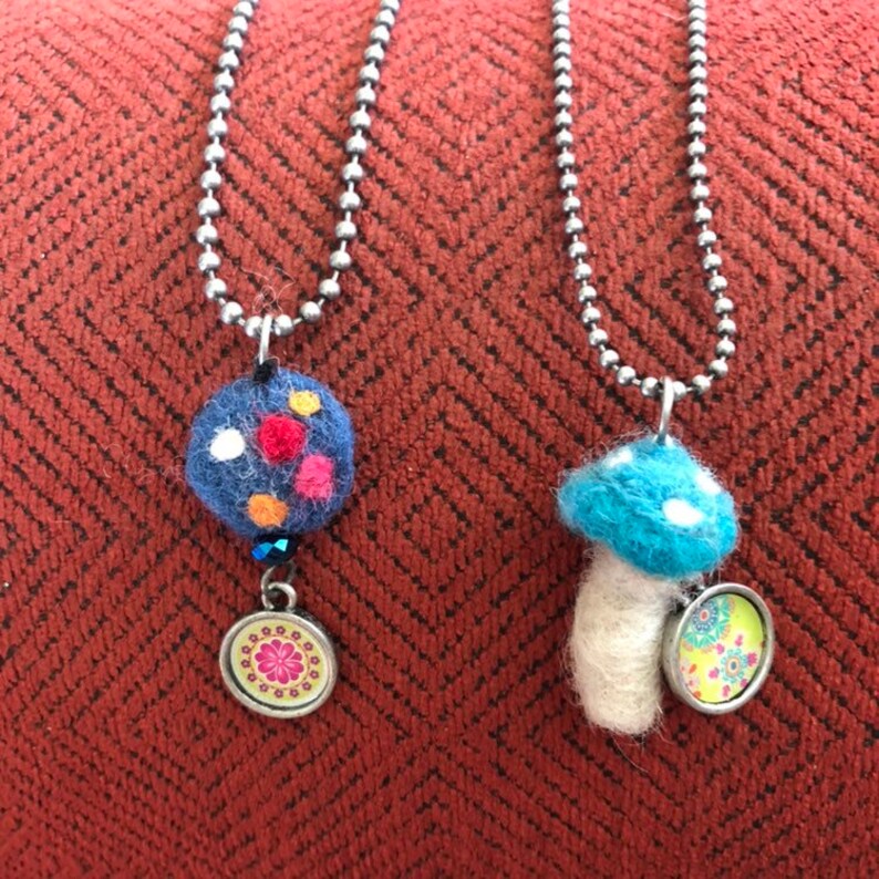Magic Mushroom Essential Oil Diffuser Alpaca and Wool Hand Felted Woodland Pendant Necklace