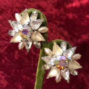Vintage Rhinestone and Frosted Glass Clip On Statement Earrings - Aurora Borealis Baby Blue and White