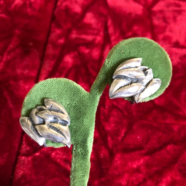 Vintage VIKING CRAFT — Albert Horwig Signed Sterling Silver Elephant Ear Earrings - 925 Screw Back Leaf