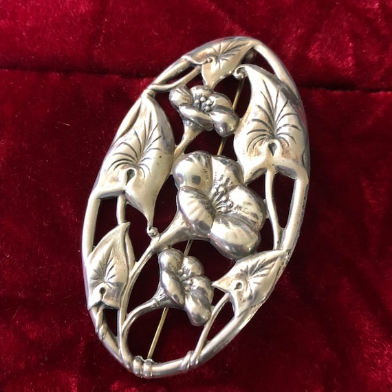 Vintage Sterling Silver Flower Brooch - Art Nouveau Style Floral Pin