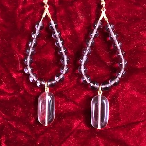 Aretes colgantes grandes con cuentas de vidrio de amatista - Alambres en forma de lágrima