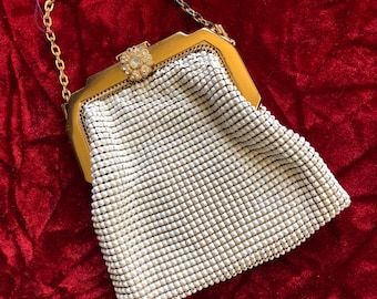 Small Vintage Whiting and Davis Mesh Handbag - Rhinestone Clasp Metal Mesh Purse