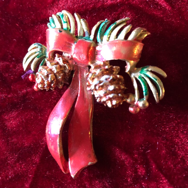 Christmas Ribbon Pin Snow Covered Pine Cone Brooch Pine Branch Brooch