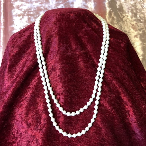 Vintage 50” Long Milk Glass Beaded Necklace - Flapper - Hand Blown Glass Beads