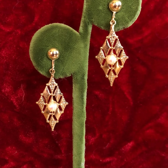 Mid  Century Modern Diamond Pattern Pearl Earring… - image 1