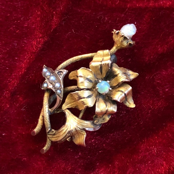 Edwardian 18k Gold Brooch with Opal, Seed Pearls,… - image 4