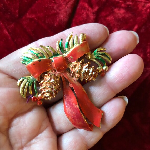 Snow Covered Pine Cone Brooch - Christmas Ribbon … - image 7