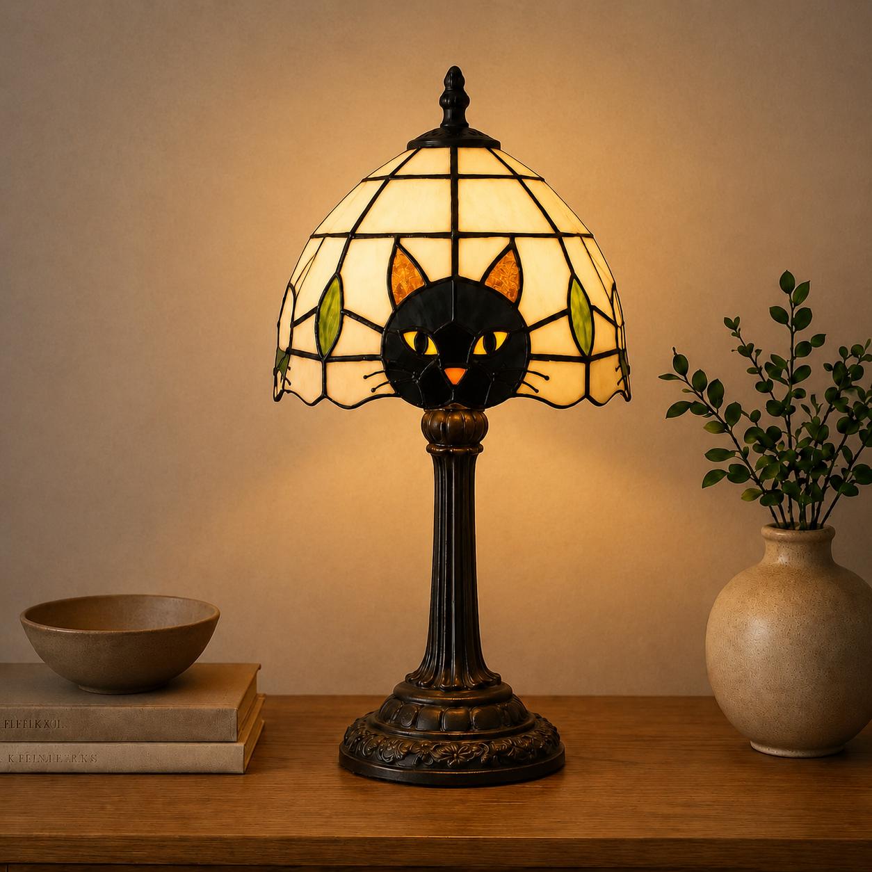 Black Cat Stained Glass Table Lamp | Gothic Bedside Lamp | Vintage