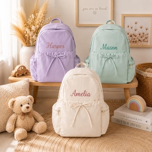 Personalized Girls Backpack, Custom Embroidered Name School Bag with Bow, Cute Pastel Kids Bookbag, Back to School Gift