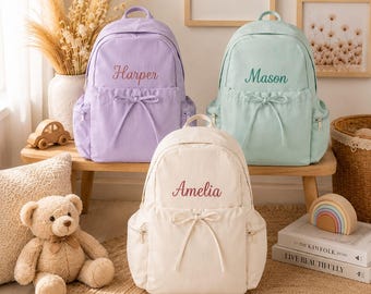 Personalisierter Mädchenrucksack, individuell bestickter Schulrucksack mit Schleife, niedlicher pastellfarbener Kinderrucksack, Geschenk zum Schulanfang