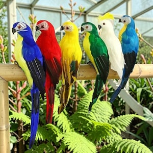 Peut inclure: Six figurines de perroquets artificiels perchées sur un poteau en bambou. Les oiseaux présentent un plumage aux couleurs vives : bleu et jaune, rouge uni, jaune uni, vert et jaune, blanc uni avec une crête jaune, et bleu et jaune avec des ailes noires.