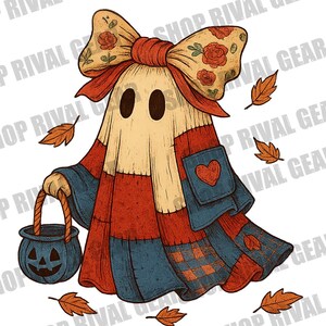 May include: A whimsical ghost illustration with a patchwork design in red, blue, and cream colors. The ghost wears a large bow with floral patterns and carries a jack-o'-lantern bucket. Autumn leaves surround the ghost, creating a festive Halloween theme.