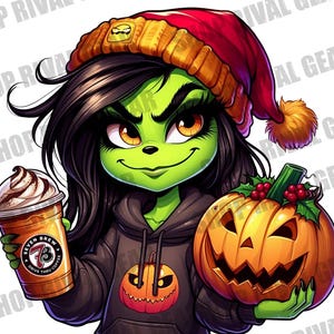 May include: A green cartoon character with black hair, wearing a red and yellow hat and a black hoodie with a pumpkin design. The character holds a pumpkin and a coffee cup with the text "SEVEN BREW DRIVE THRU COFFEE".
