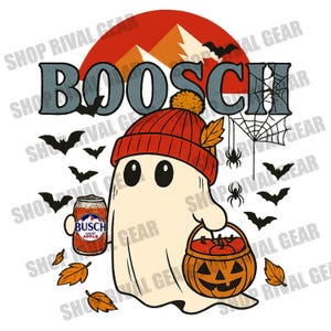 Op de afbeelding: Een Halloween-thema afbeelding met een cartoon spook met een rode muts, een pompoenmand en een blikje Busch Light Apple. Het woord "BOOSCH" staat boven het spook, met vleermuizen, spinnen en bladeren.