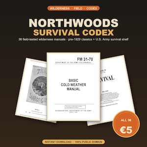 Pode incluir: Uma coleção de 36 manuais digitais de sobrevivência na natureza intitulada Northwoods Survival Codex, incluindo manuais de campo do exército dos EUA como o FM 31-70 Basic Cold Weather Manual e vários clássicos anteriores a 1929.
