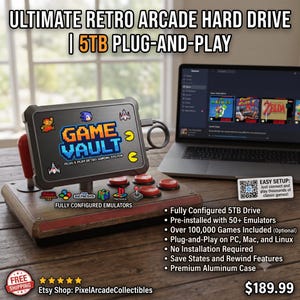 May include: A rectangular gray aluminum hard drive with a screen displaying the text GAME VAULT PLUG & PLAY RETRO GAMING SYSTEM. The device features a red joystick and four red buttons, with logos for various gaming consoles and a QR code for setup.