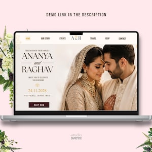 May include: A laptop screen displaying a wedding invitation website for Ananya and Raghav on November 24, 2028, in Jaipur, India. The interface features a navigation menu, a photo of a couple in traditional attire, and an RSVP button.