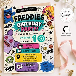 May include: A colorful birthday party invitation featuring the text "Freddie's Birthday Party!" with cartoon monster illustrations. The invitation includes event details, RSVP information, and the option to edit in Canva.