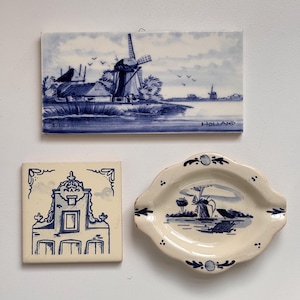 Vintage Delft Tiles and Plate Set, Windmill and House Scene Wall Decor