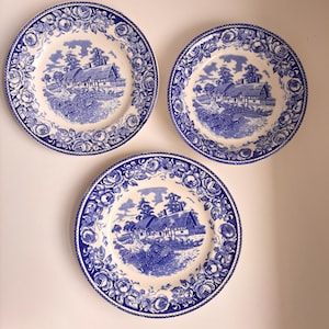 Vintage British Anchor Blue Transferware Plates, Stratford Scenes, Shakespeare Country, Made England