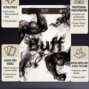 May include: A rectangular game card featuring a central black smoke design forming muscular arm shapes with the text BUFF and +1. Four surrounding informational boxes highlight features: Ultra Stable, Professional Photo Printing, Sleeve-Free Usable, and Water-Repellent & Easy to Clean.