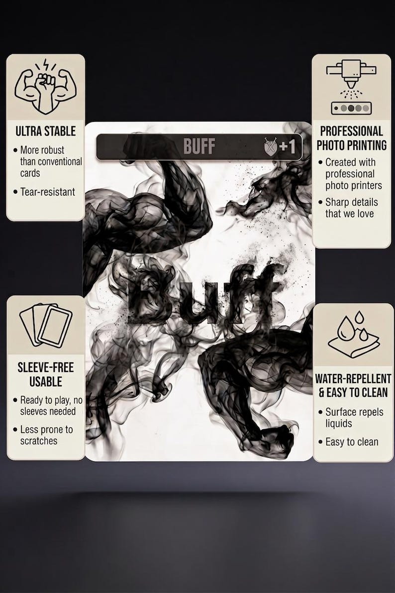 May include: A rectangular game card featuring a central black smoke design forming muscular arm shapes with the text BUFF and +1. Four surrounding informational boxes highlight features: Ultra Stable, Professional Photo Printing, Sleeve-Free Usable, and Water-Repellent & Easy to Clean.