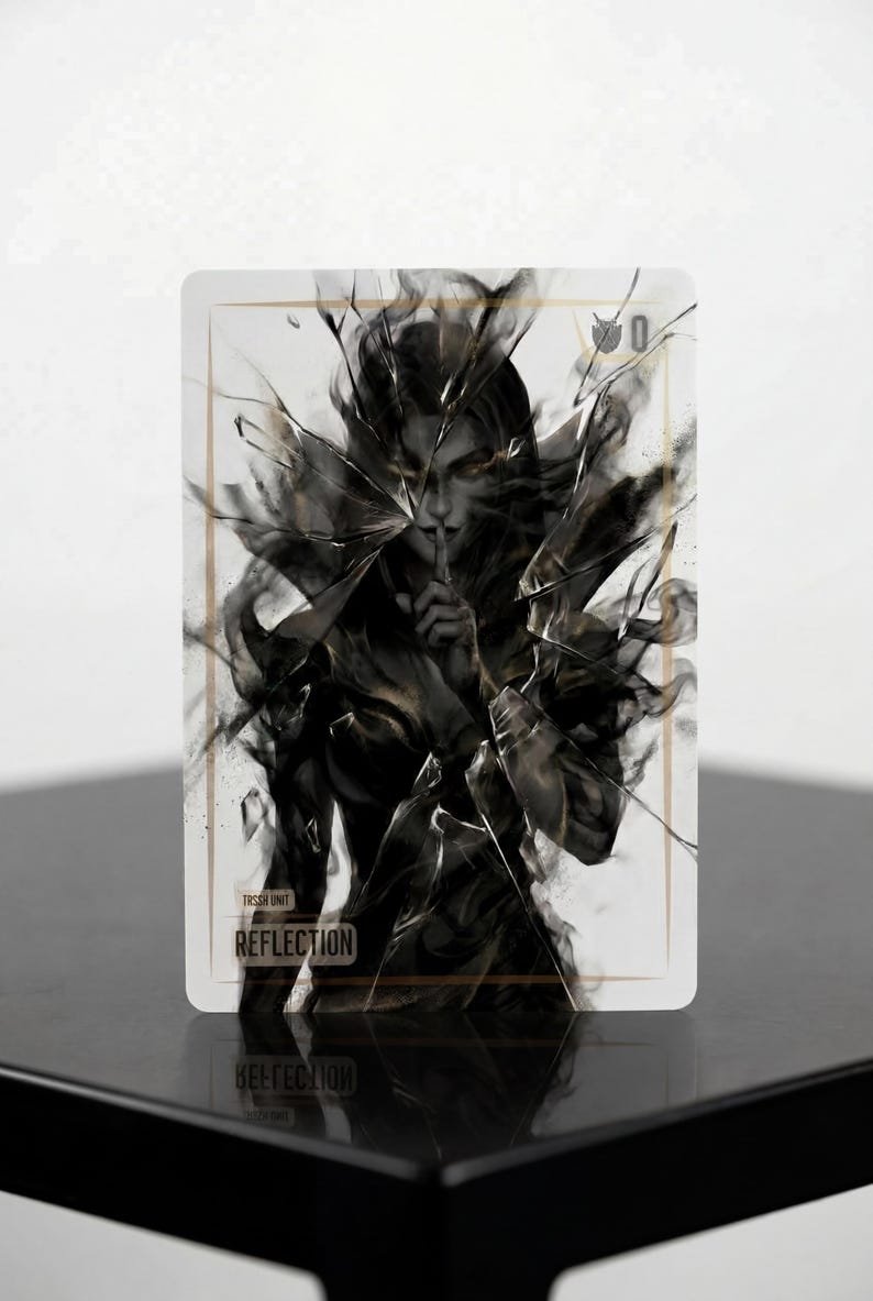 May include: A rectangular trading card featuring a black and white illustration of a figure with a finger to their lips in a shushing gesture, surrounded by shards of broken glass and smoke. The text TRSSH UNIT and REFLECTION are printed on it.