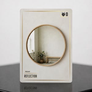 Peut inclure: Une carte de jeu rectangulaire avec un fond crème clair et des bordures dorées. Au centre, un miroir circulaire reflète une pièce avec un banc en bois et une plante en pot. Le texte indique TOKEN UNIT et REFLECTION avec une icône de bouclier.