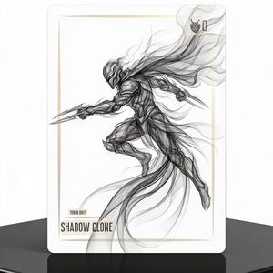 Könnte beinhalten: Eine rechteckige Spielkarte mit einer schwarz-weißen Skizze einer gehüllten Kriegerfigur mit scharfen Klingen an den Handgelenken. Der Text SHADOW CLONE und TOKEN UNIT steht unten links, ein Schwertsymbol befindet sich oben rechts.