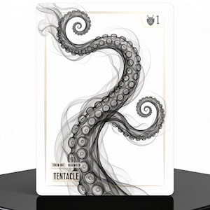 Peut inclure: Une carte de jeu rectangulaire présentant une illustration en noir et blanc d'un tentacule de pieuvre tourbillonnant avec des ventouses visibles. La carte affiche le texte TOKEN UNIT BILGEWATER TENTACLE et une icône de bouclier avec le chiffre 1.