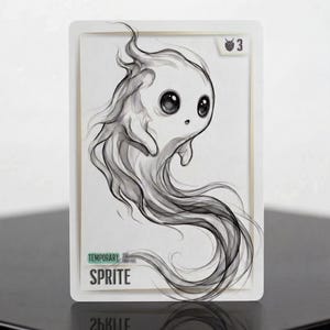 Può includere: Una carta da gioco rettangolare con un'illustrazione a inchiostro bianco e nero di una creatura spettrale con grandi occhi e una coda fluida e vaporosa. La carta mostra il testo TEMPORARY SPRITE e il numero 3 nell'angolo in alto a destra.