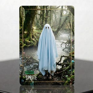 Könnte beinhalten: Eine rechteckige Sammelkarte mit einer in ein hellblaues Laken gehüllten Figur mit zwei Sehschlitzen, die in einem moosigen Wald an einem Bach steht. Die Karte zeigt den Text TEMPORARY und SPRITE sowie die Zahl 3 in der oberen Ecke.