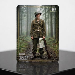 Könnte beinhalten: Eine rechteckige Spielkarte mit einem Soldaten in olivgrüner Uniform, Helm und Stiefeln, der eine Karte und ein Gewehr in einem Wald hält. Die Karte zeigt unten den Text 'TOKEN UNIT' und 'RECRUIT' sowie oben rechts ein Schaufelsymbol und die Zahl '1'.