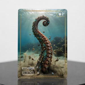 Op de afbeelding: Een rechthoekige spelkaart met een onderwaterscène met een grote, getextureerde inktvistentakel die uit de zanderige zeebodem omhoog komt. De kaart toont de tekst TOKEN UNIT, BILGEWATER en TENTACLE, met een schildpictogram en het cijfer 1.