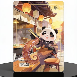 Op de afbeelding: Een rechthoekige ruilkaart met een cartoonpanda in een kimono met patroon, zittend aan een houten toonbank en een grote octopus-tentakel vasthoudend met eetstokjes. De scène bevat hangende lantaarns, een dampende pan en de tekst TENTACLE.