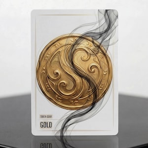Puede incluir: Una tarjeta de juego rectangular con una moneda de oro circular central con intrincados patrones en relieve. Penachos de humo negro se enroscan sobre la superficie. El texto TOKEN GEAR y GOLD está impreso en la esquina inferior izquierda.