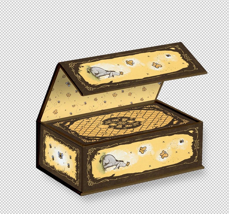 May include: A decorative wooden box with a hinged lid, featuring a yellow interior and exterior panels with illustrations of a sleeping donkey and butterflies. The box has a dark brown frame and a patterned interior.