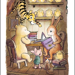 May include: Illustration of a tarot card, "Eight of Pentacles," featuring Winnie the Pooh characters. A tiger hangs from a tree branch, while Rabbit reads a book labeled "HUNNY." Other characters include Piglet, a bear, and a mouse.