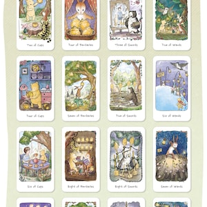 May include: A deck of tarot cards featuring illustrations from the Hundred-Acre Wood. Each card depicts a scene with characters like Winnie the Pooh and friends. The cards are labeled with titles like "Ace of Cups" and "Two of Pentacles."